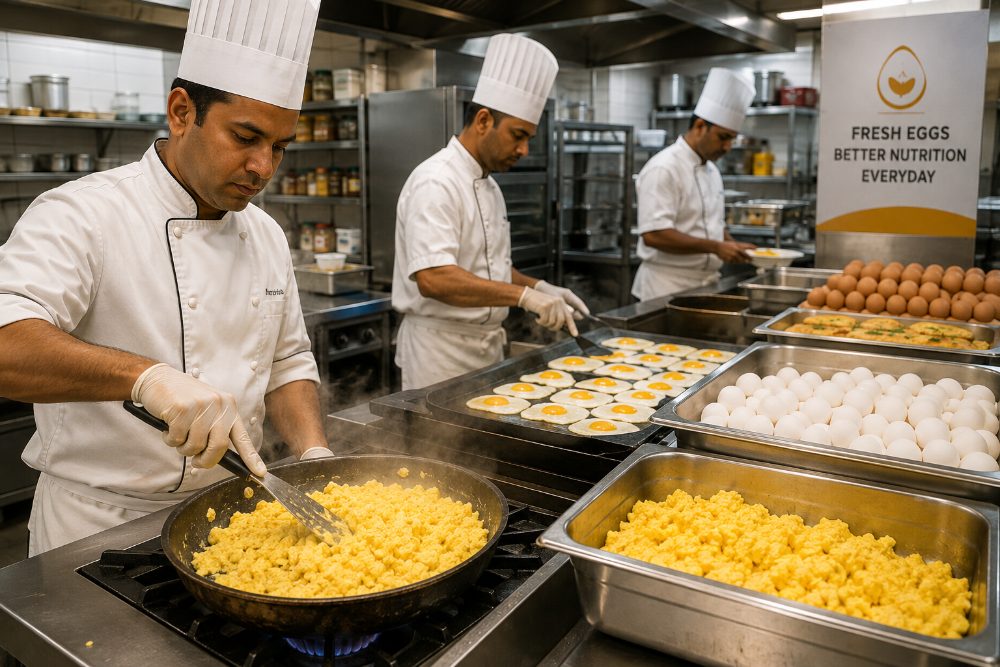 Hotel or restaurant kitchen using eggs