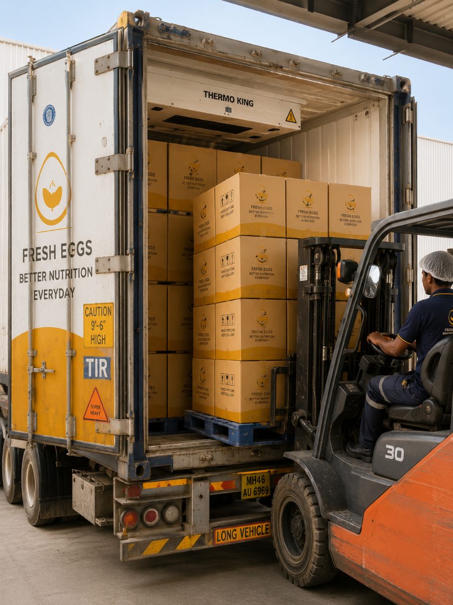 Reefer container being loaded with egg cartons